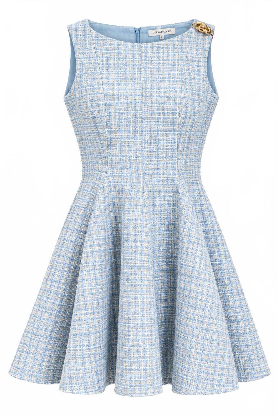 NEW ZOE AND CLAIRE women's fit n flare tweed mini dress in blue multi